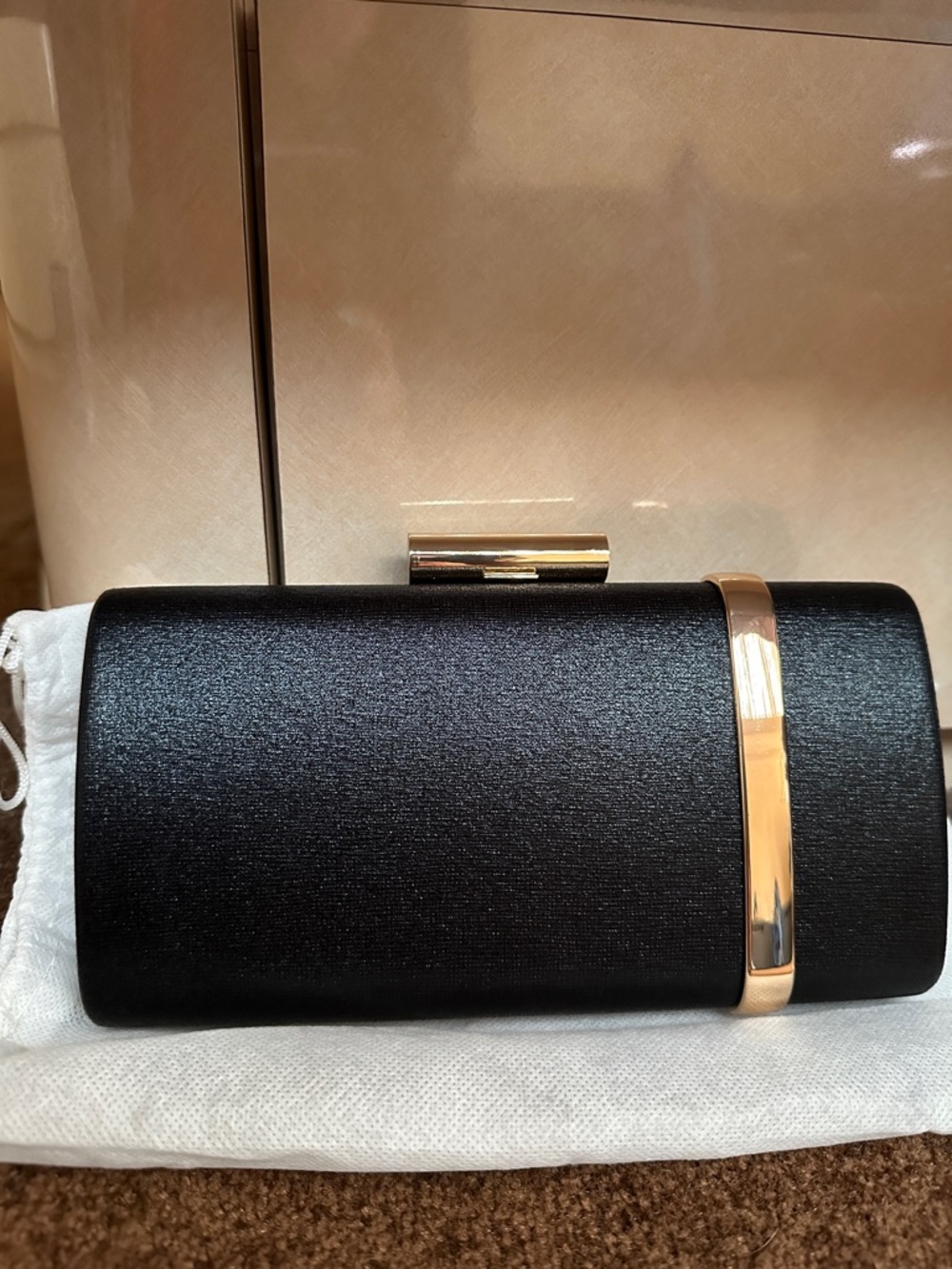 Black Brushed Satin Clutch with Gold Accent